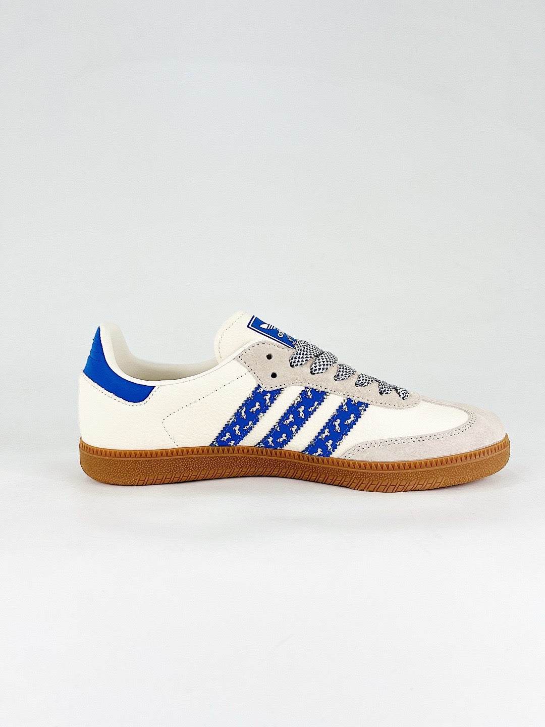 Adidas Samba Low Top Casual Sneakers Unisex Off White Grey Toe, Blue Stripes With Mini Horse Print