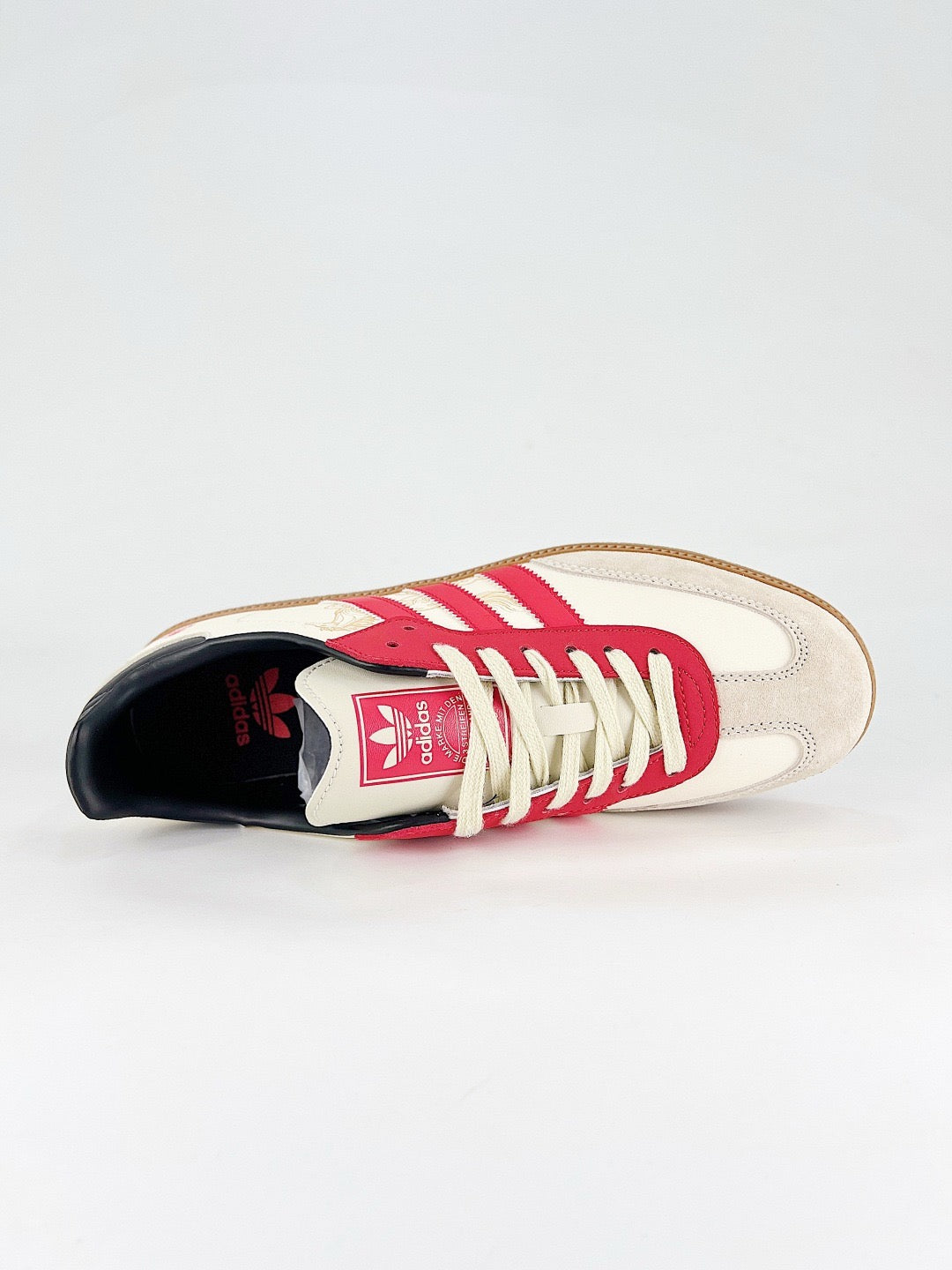 Adidas Samba Low Top Casual Sneakers Unisex Off White, Light Grey Toe, Red Stripes With Golden Horse Print