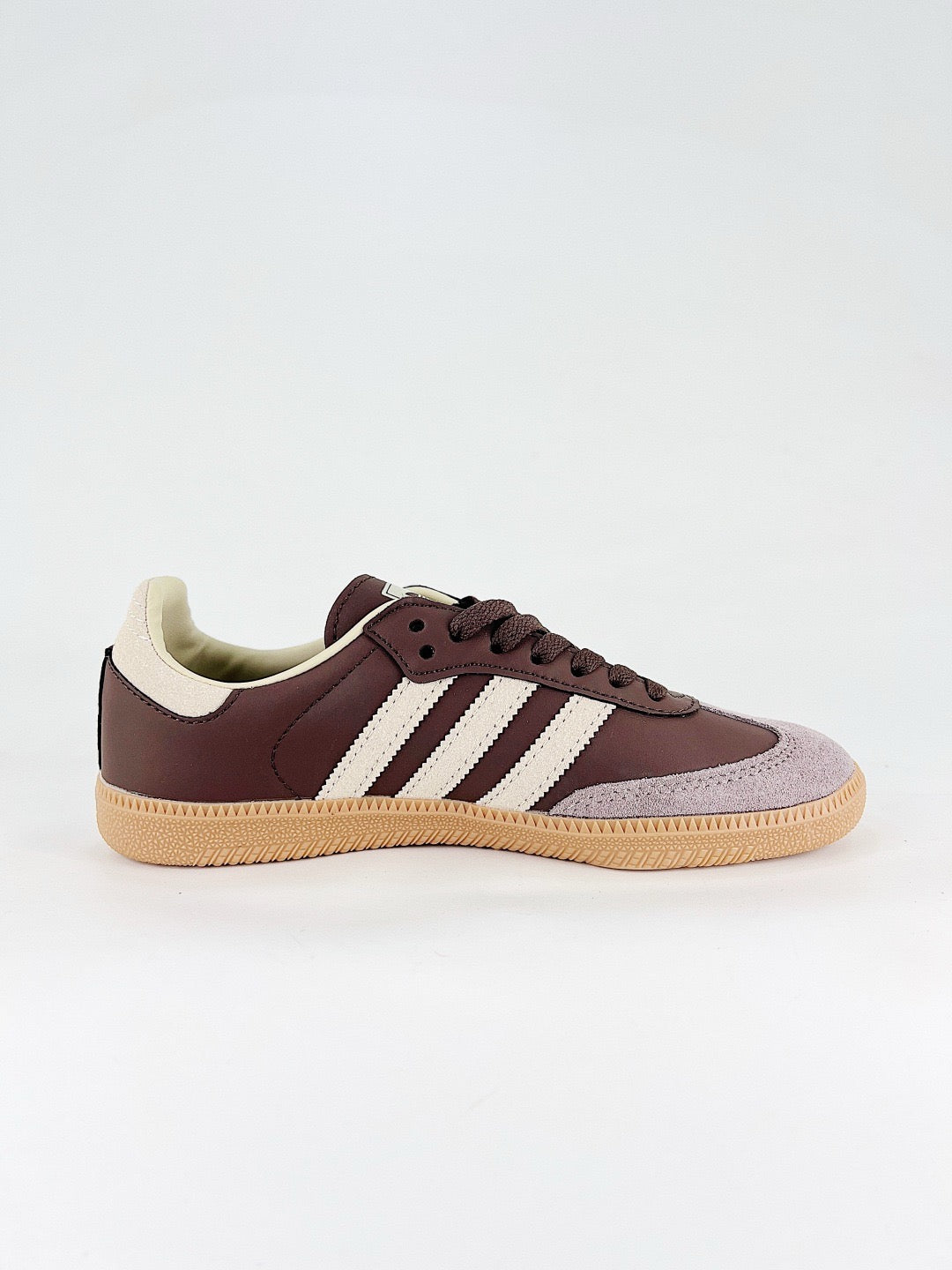 Adidas Samba Low Top Casual Sneakers Unisex Dark Brown Leather, Light Purple Suede Toe, Off White Stripes