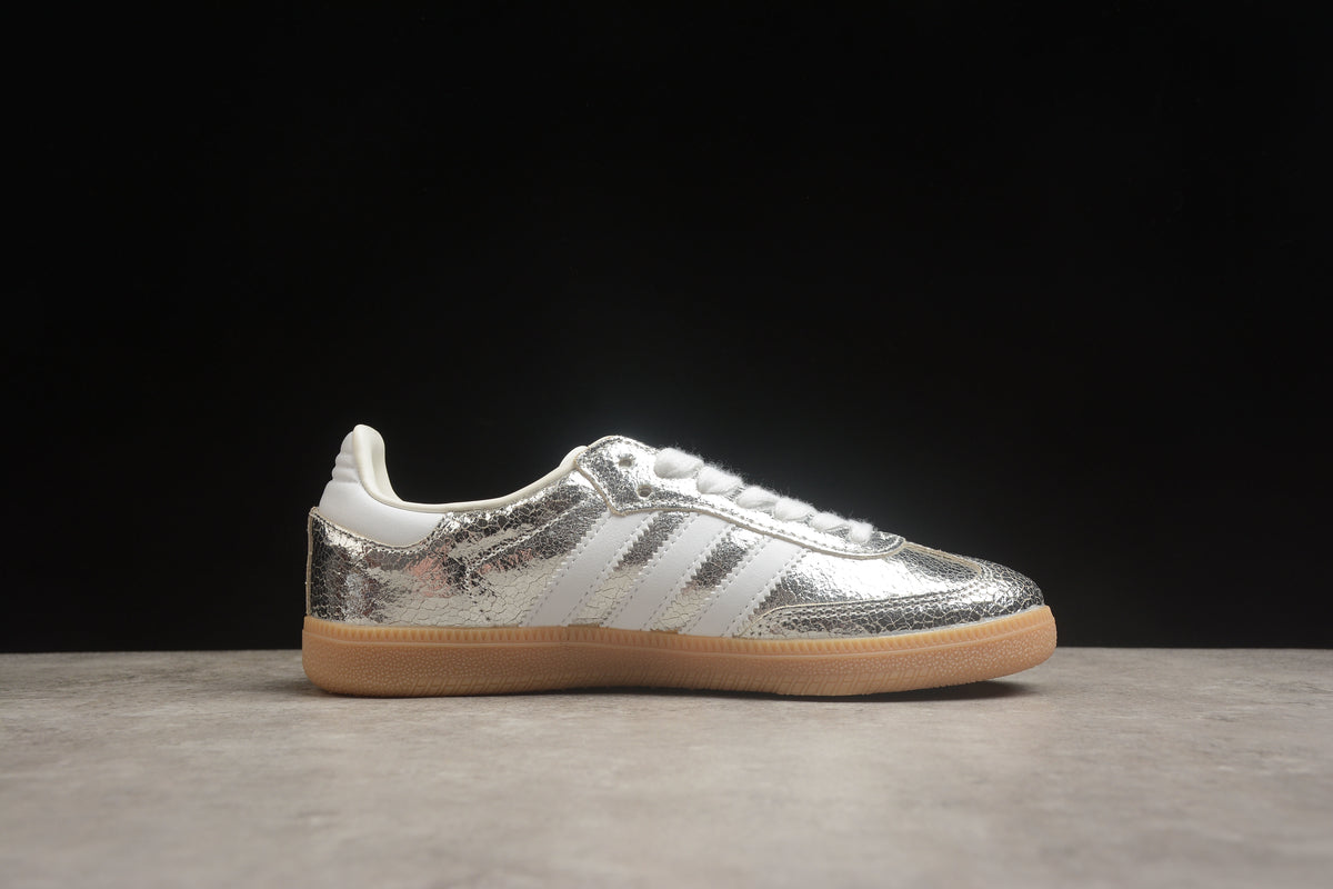 adidas Samba OG Unisex Retro Sneakers Cracked Metallic Silver Upper