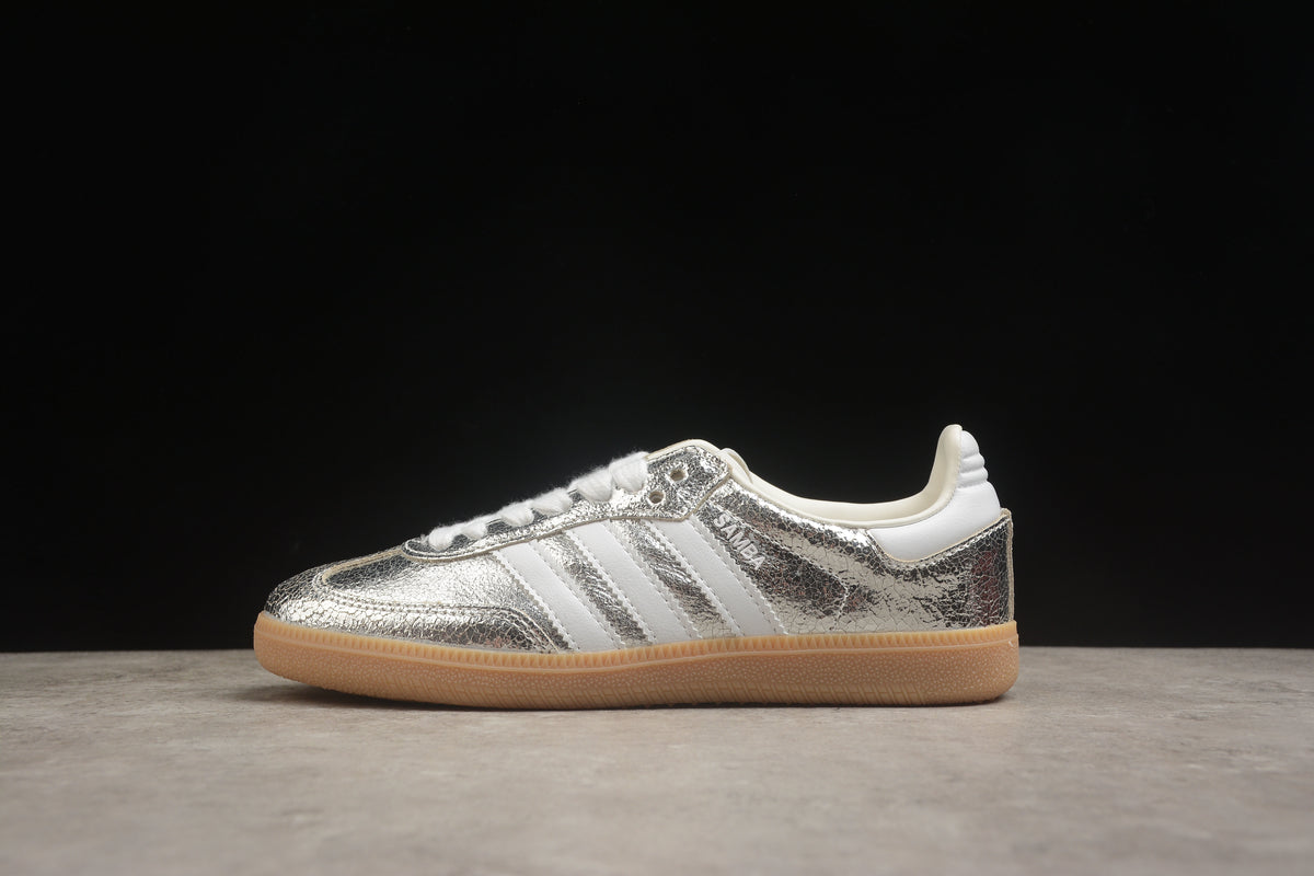 adidas Samba OG Unisex Retro Sneakers Cracked Metallic Silver Upper