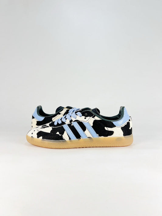 Adidas Samba Classic  Leather Sneakers Vintage Streetwear Shoes Cow print with light blue accents