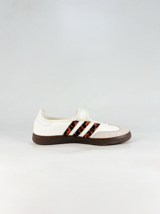 Adidas Samba Classic  Leather Sneakers Vintage Streetwear Shoes Off-white with leopard print stripes, velcro strap
