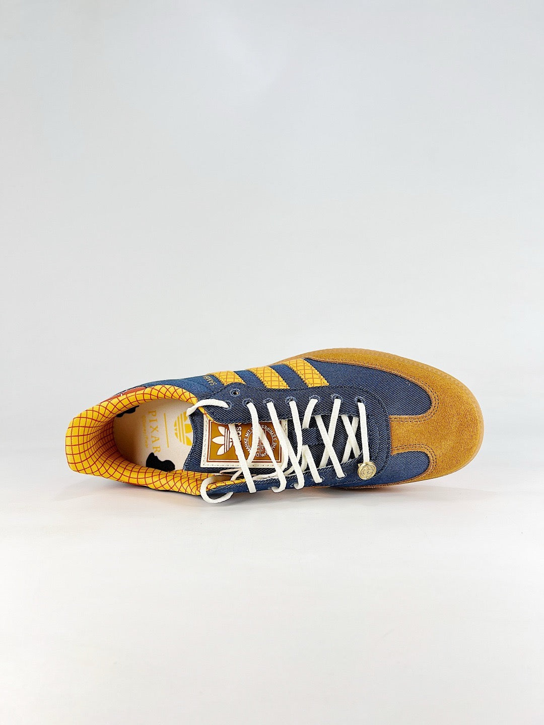 Adidas Samba Classic  Leather Sneakers Vintage Streetwear Shoes Denim blue upper with yellow stripes and tan suede toe cap