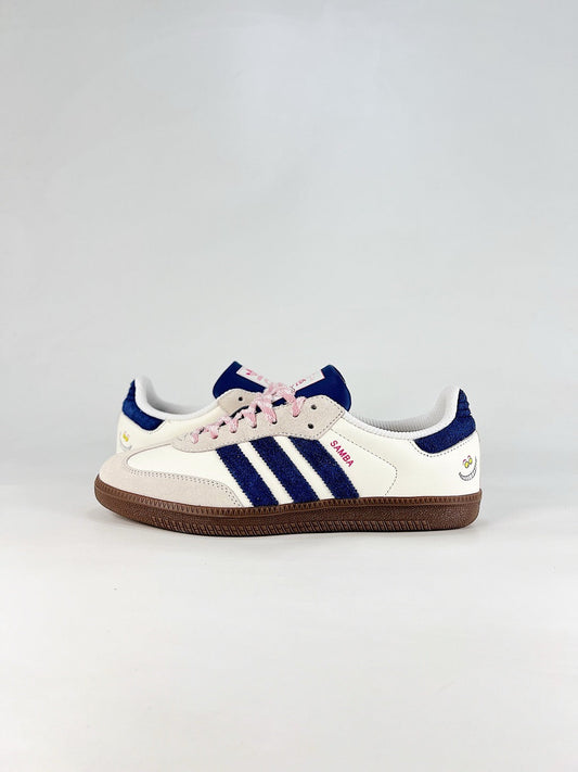 adidas Samba OG Smile Face Sneakers, Off White Navy Blue Unisex Casual Shoes