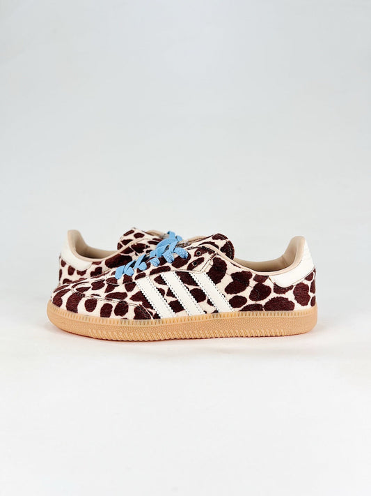 Adidas Samba Low Top Casual Sneakers Unisex Cow Print + Baby Blue Laces