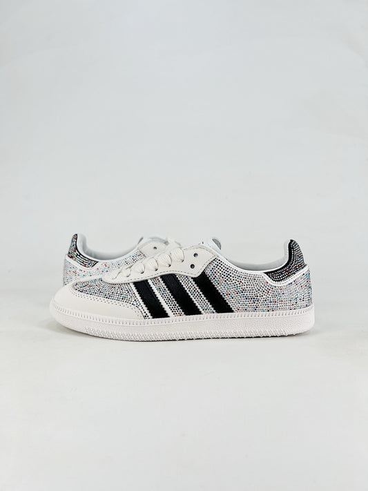 Adidas Samba Low Top Casual Sneakers Unisex White Base Full AB Rhinestone + Black Stripes