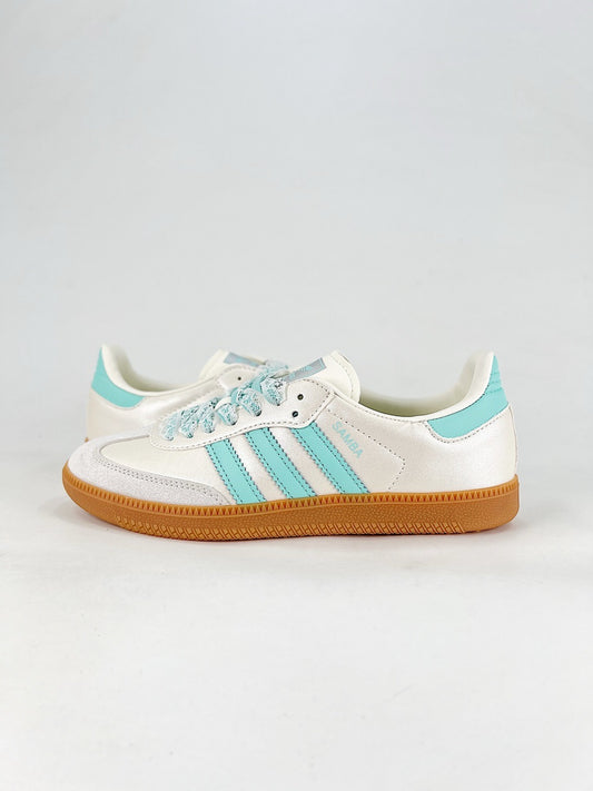 Adidas Samba Low Top Casual Sneakers Unisex Pearl White Satin + Mint Turquoise