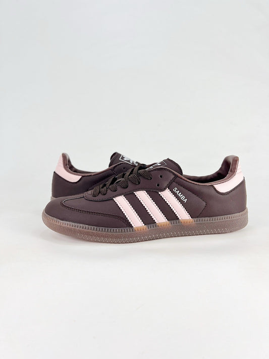 Adidas Samba Low Top Casual Sneakers Unisex Dark Brown Leather + Light Pink Stripes