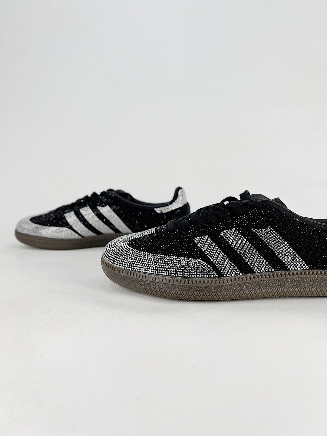 Adidas Samba Low Top Casual Sneakers Unisex Black Base with Silver Rhinestone Stripes & Toe