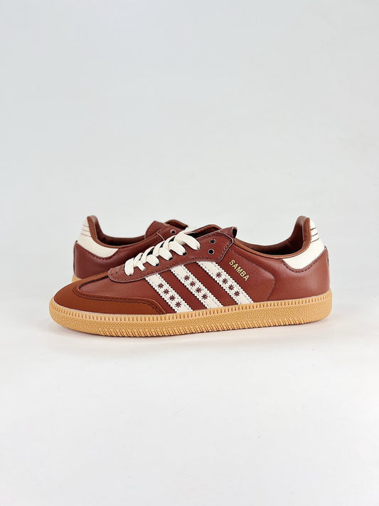 Adidas Samba Low Top Casual Sneakers Unisex Brown Leather + Cream Star Embroidery Stripes