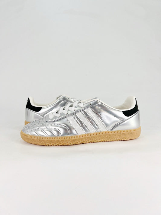 Adidas Samba Low Top Casual Sneakers Unisex Metallic Silver + White Stripes + Black Heel Tab