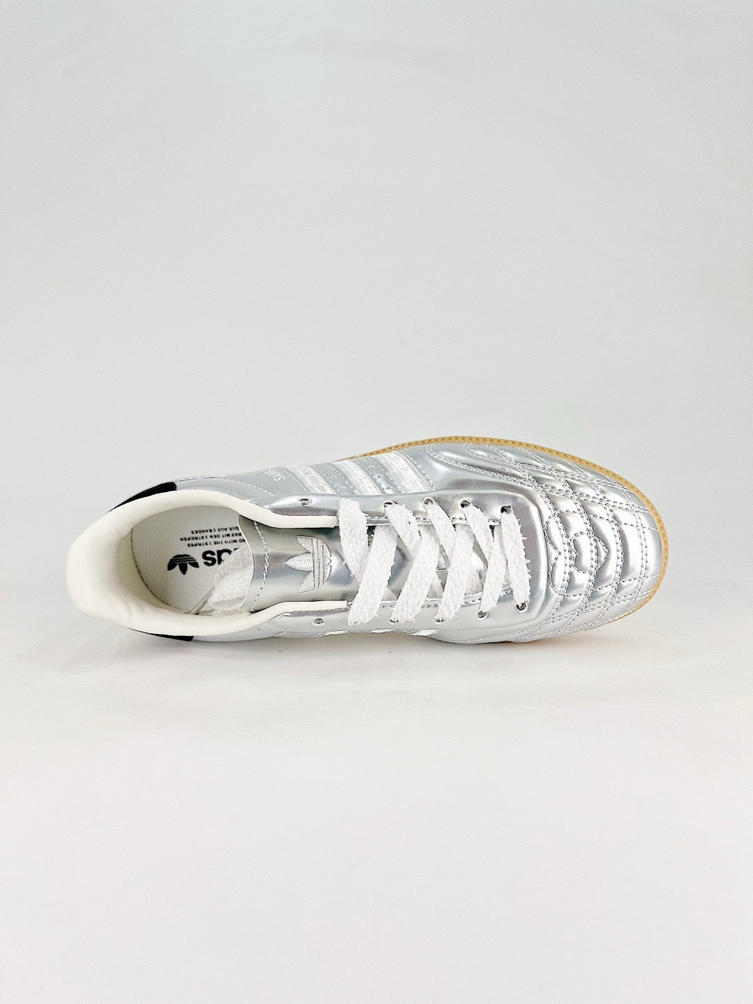 Adidas Samba Low Top Casual Sneakers Unisex Metallic Silver + White Stripes + Black Heel Tab