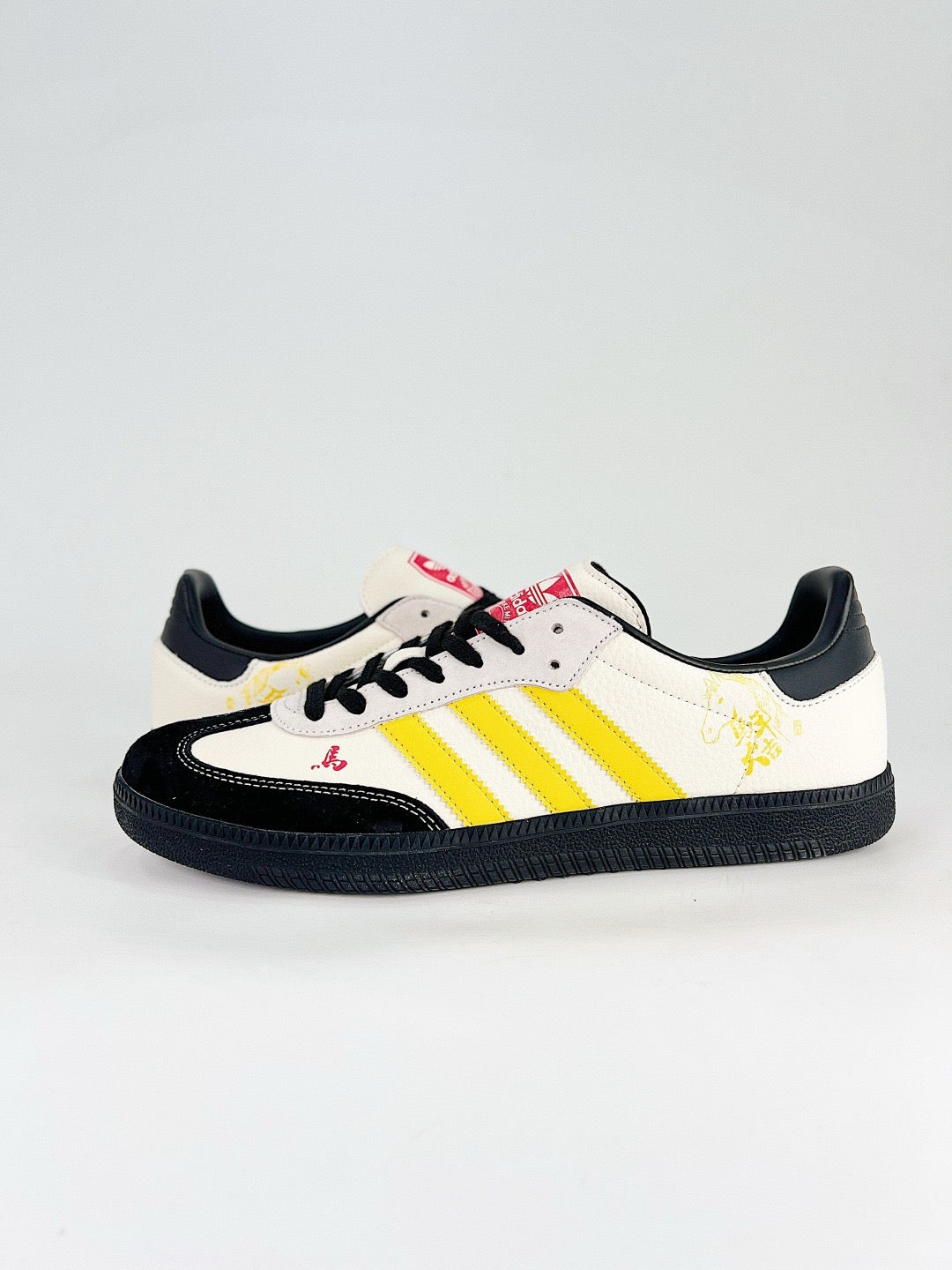 Adidas Samba Low Top Casual Sneakers Unisex Off-White & Black Suede, Yellow Stripes