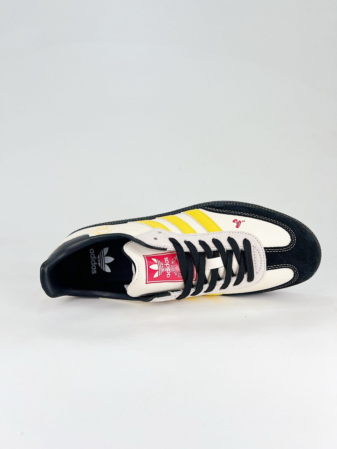 Adidas Samba Low Top Casual Sneakers Unisex Off-White & Black Suede, Yellow Stripes