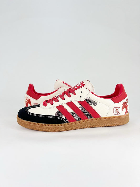 Adidas Samba Low Top Casual Sneakers Unisex Off White Black Toe Red Stripes 2026 Year Of The Horse Print