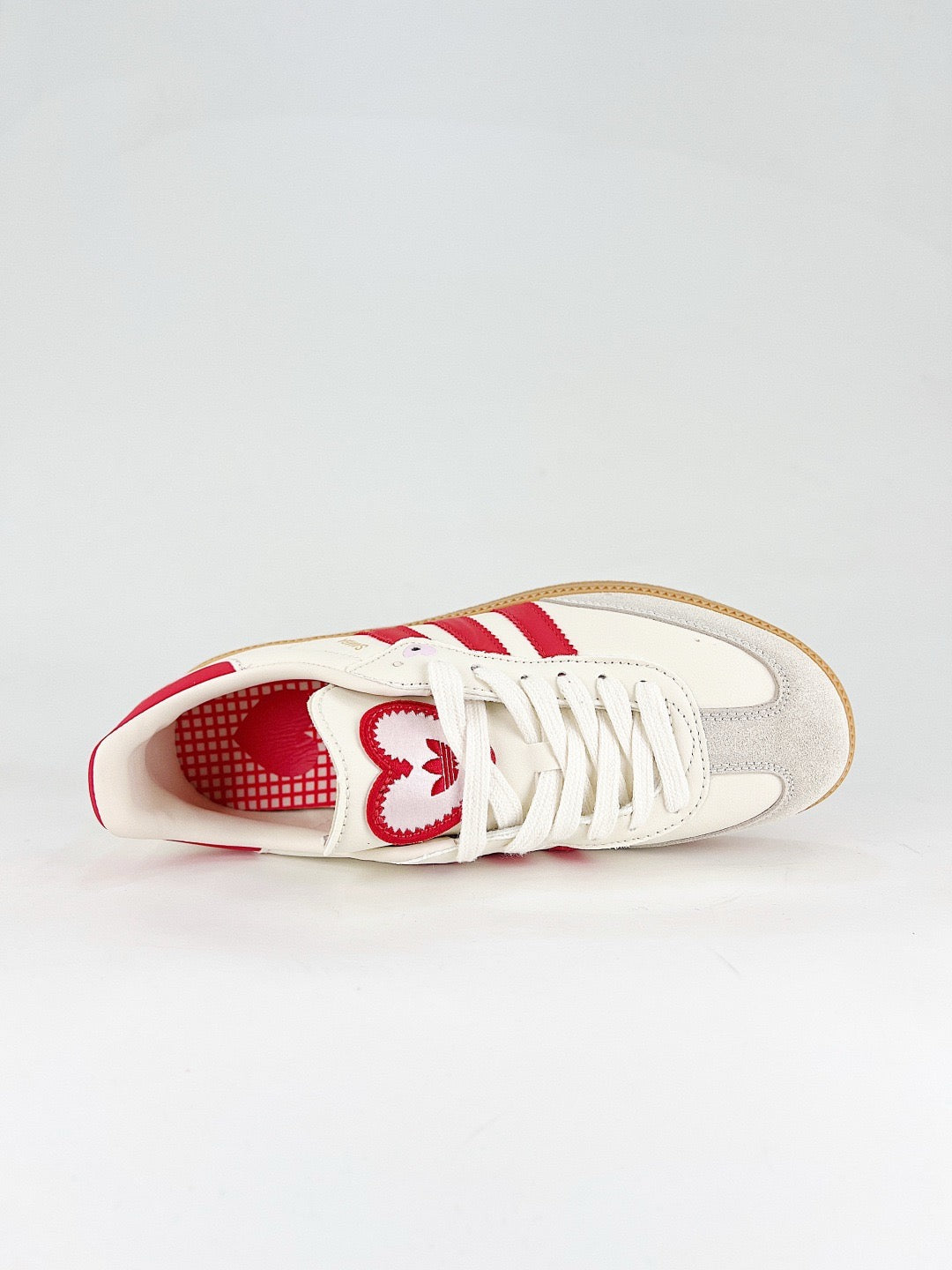 Adidas Samba Low Top Casual Sneakers Unisex Off White Red Stripes, Heart Tongue Patch
