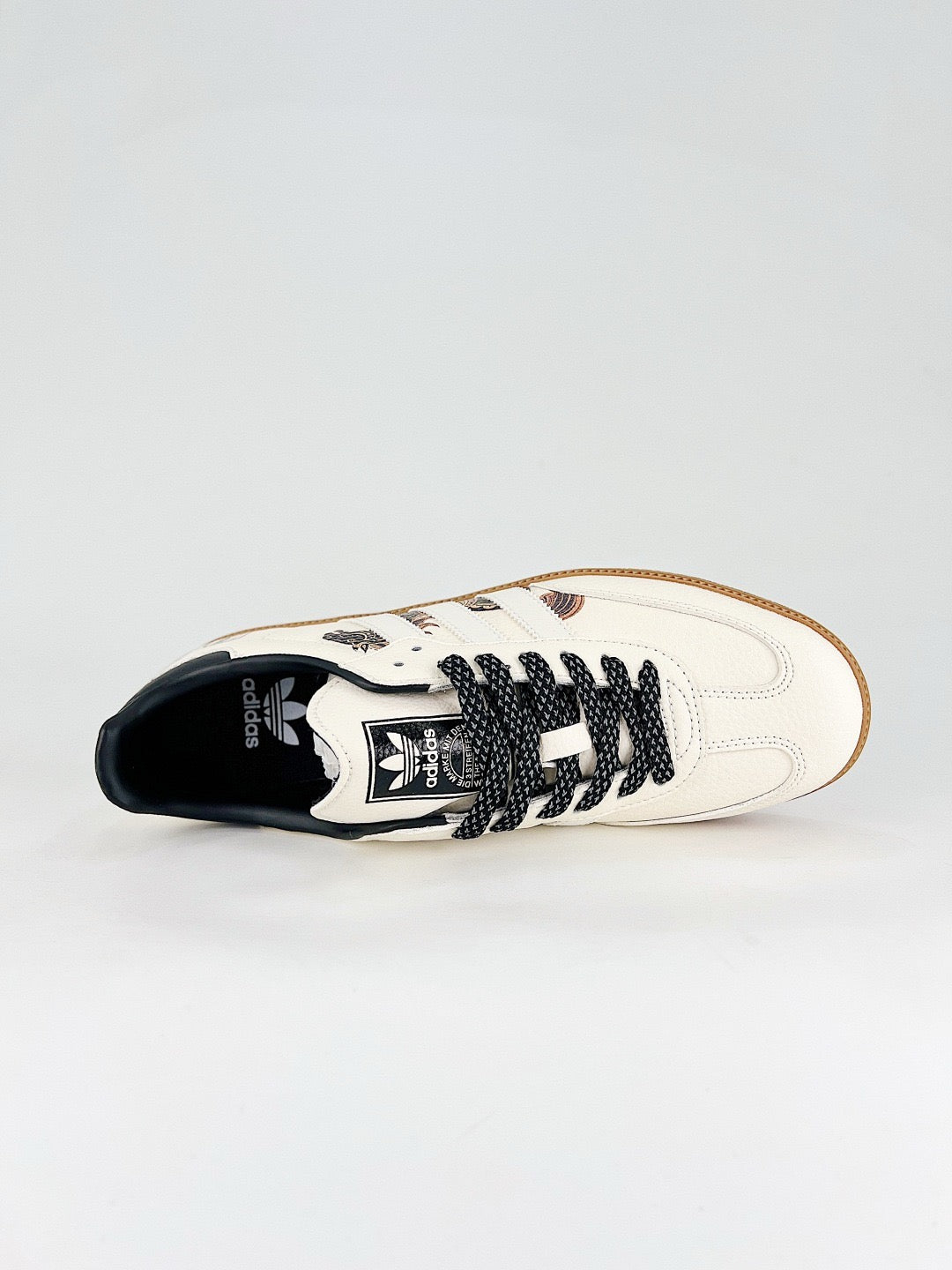 Adidas Samba Low Top Casual Sneakers Unisex Off White Upper, White Stripes, Black Horse Print