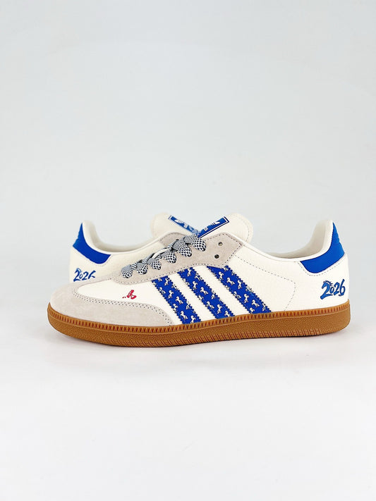 Adidas Samba Low Top Casual Sneakers Unisex Off White Grey Toe, Blue Stripes With Mini Horse Print