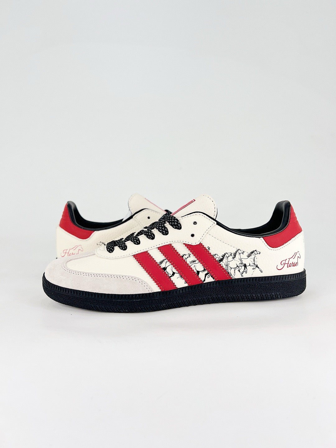 Adidas Samba Low Top Casual Sneakers Unisex Off White, Light Grey Toe, Red Stripes, Galloping Horses Print