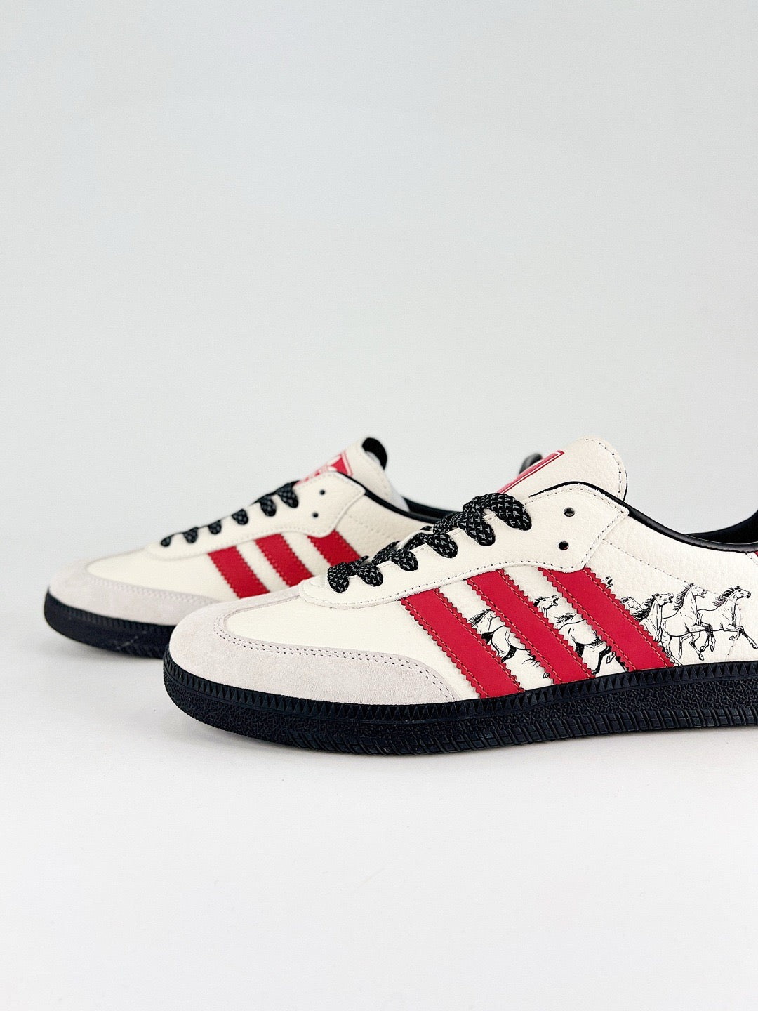 Adidas Samba Low Top Casual Sneakers Unisex Off White, Light Grey Toe, Red Stripes, Galloping Horses Print