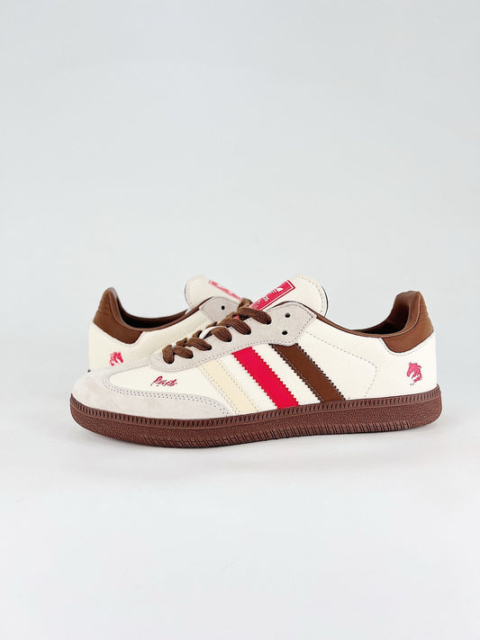 Adidas Samba Low Top Casual Sneakers Unisex Off White, Light Grey Toe, Beige / Red / Brown Multi Stripes