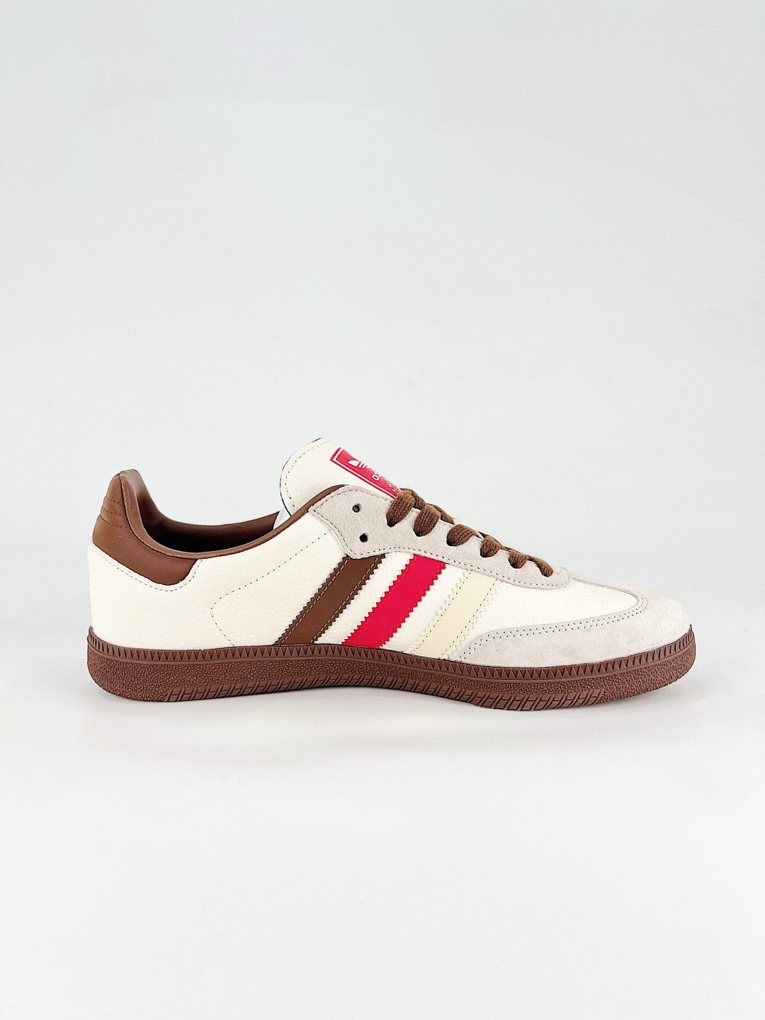 Adidas Samba Low Top Casual Sneakers Unisex Off White, Light Grey Toe, Beige / Red / Brown Multi Stripes