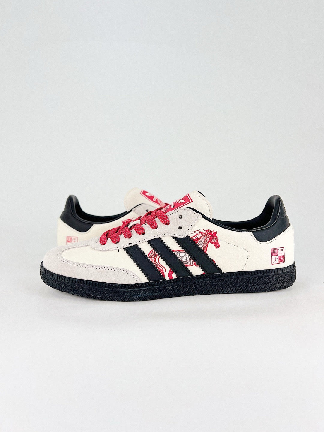 Adidas Samba Low Top Casual Sneakers Unisex Off White, Light Grey Toe, Black Stripes, Red Horse Illustration