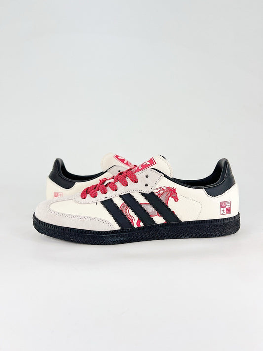 Adidas Samba Low Top Casual Sneakers Unisex Off White, Light Grey Toe, Black Stripes, Red Horse Illustration