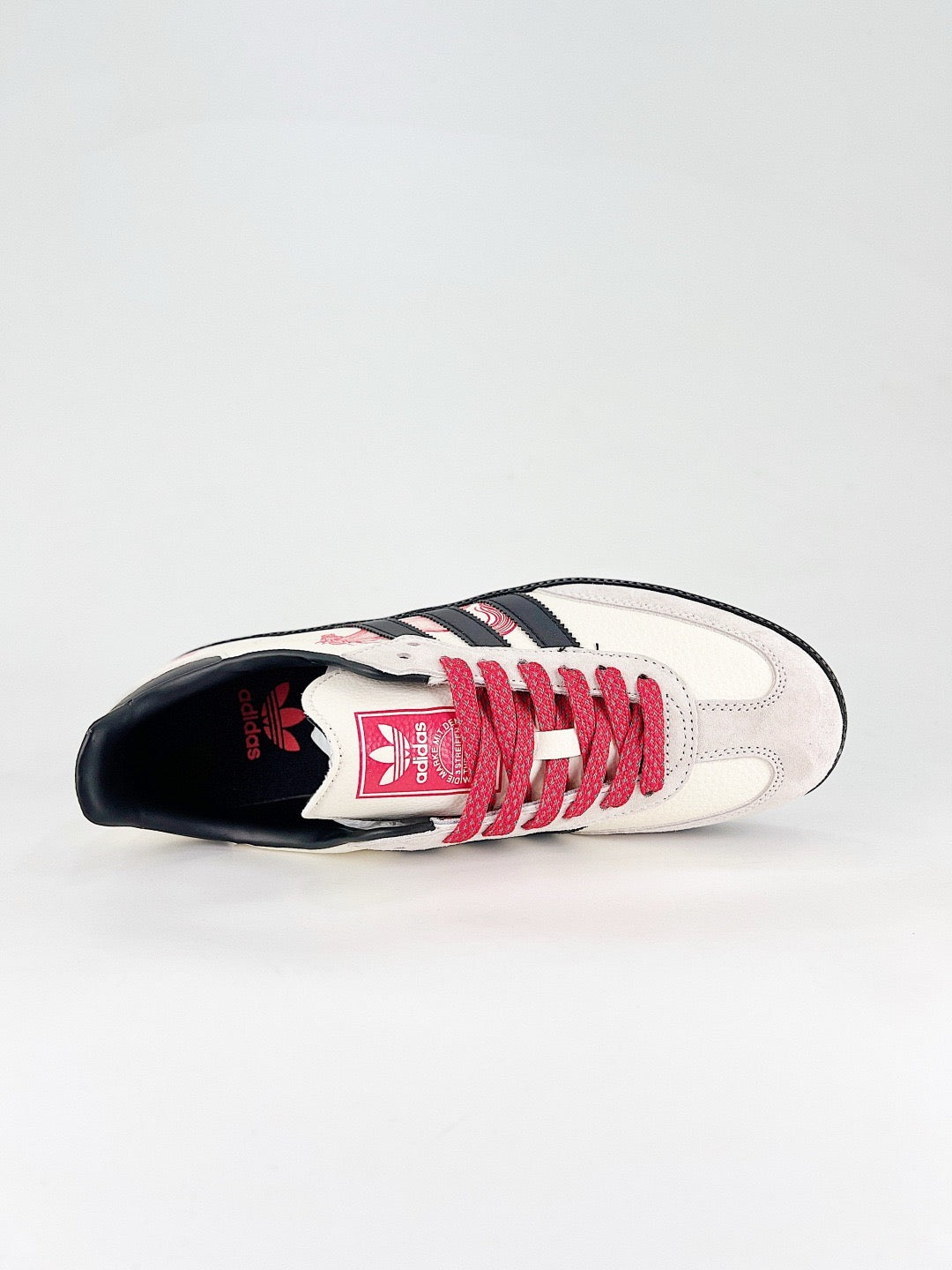 Adidas Samba Low Top Casual Sneakers Unisex Off White, Light Grey Toe, Black Stripes, Red Horse Illustration