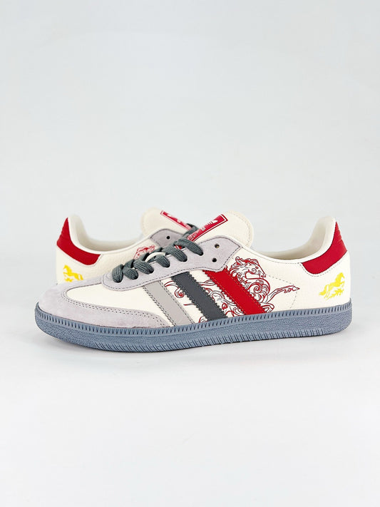 Adidas Samba Low Top Casual Sneakers Unisex Off White, Grey Suede Toe, Multi-color Stripes, Red Patterned Horse Print