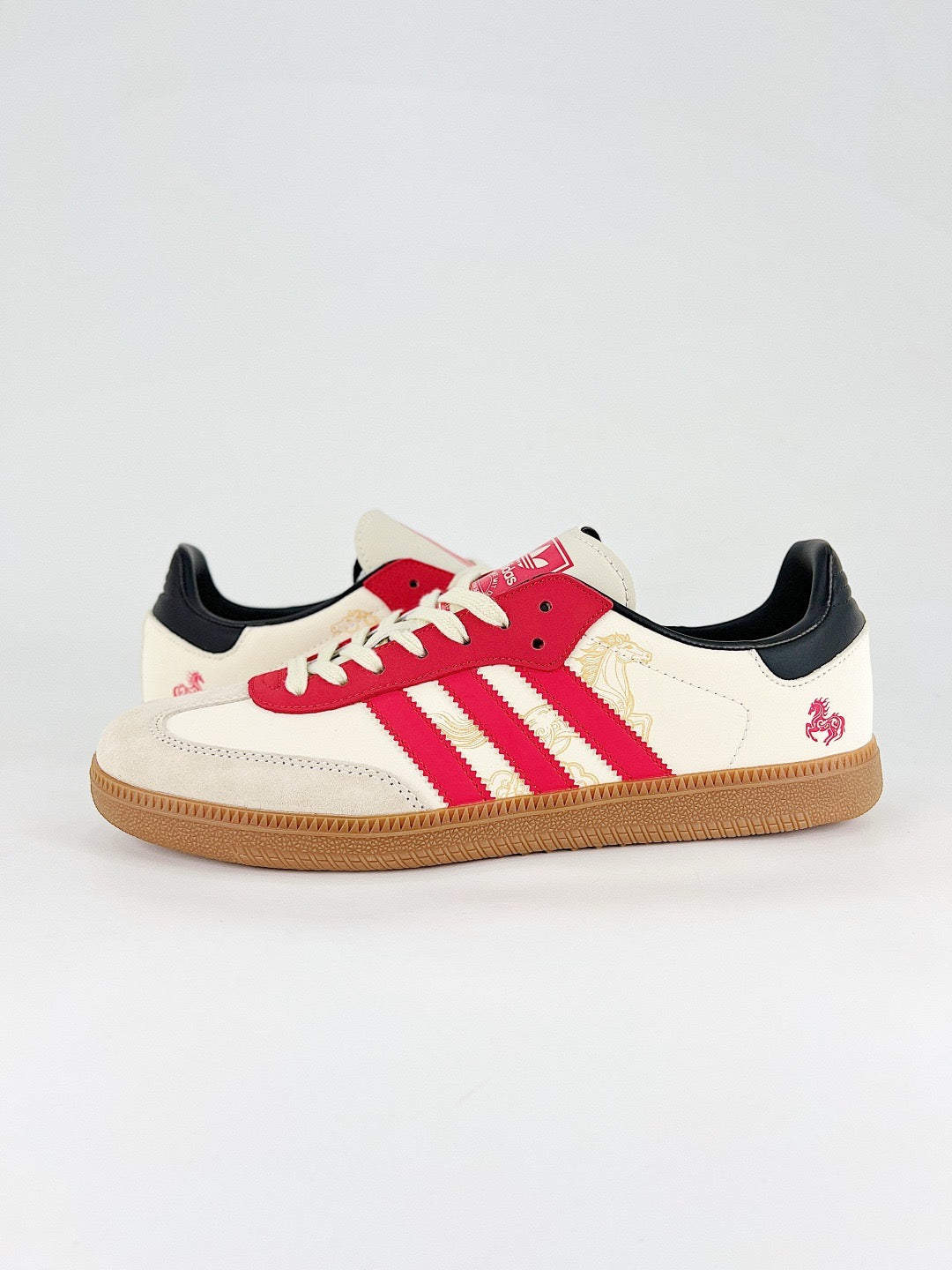 Adidas Samba Low Top Casual Sneakers Unisex Off White, Light Grey Toe, Red Stripes With Golden Horse Print