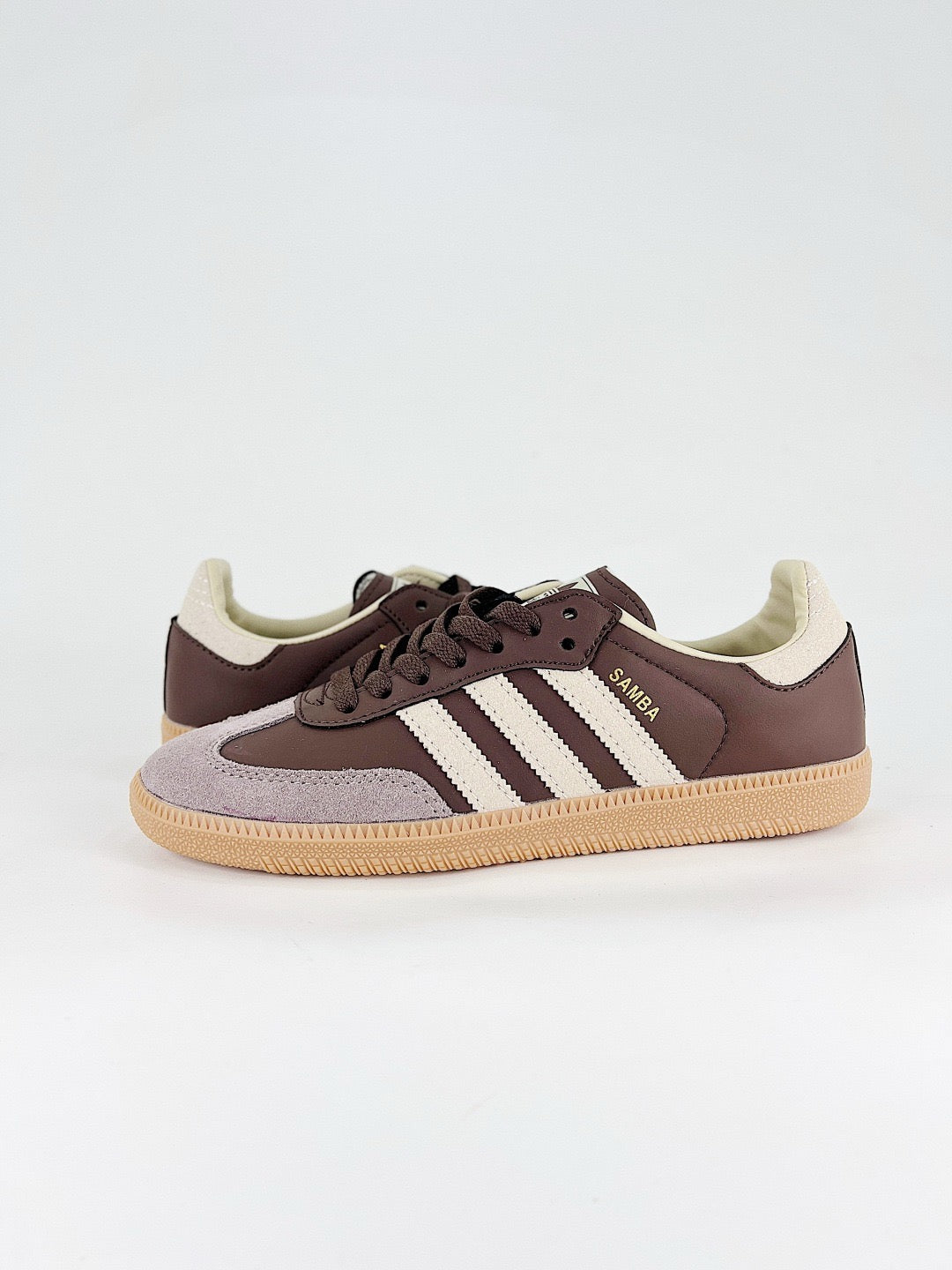 Adidas Samba Low Top Casual Sneakers Unisex Dark Brown Leather, Light Purple Suede Toe, Off White Stripes