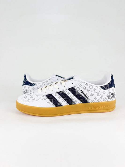 Adidas Samba Low Top Casual Sneakers Unisex White Monogram Print, Dark Denim Stripes & Heel