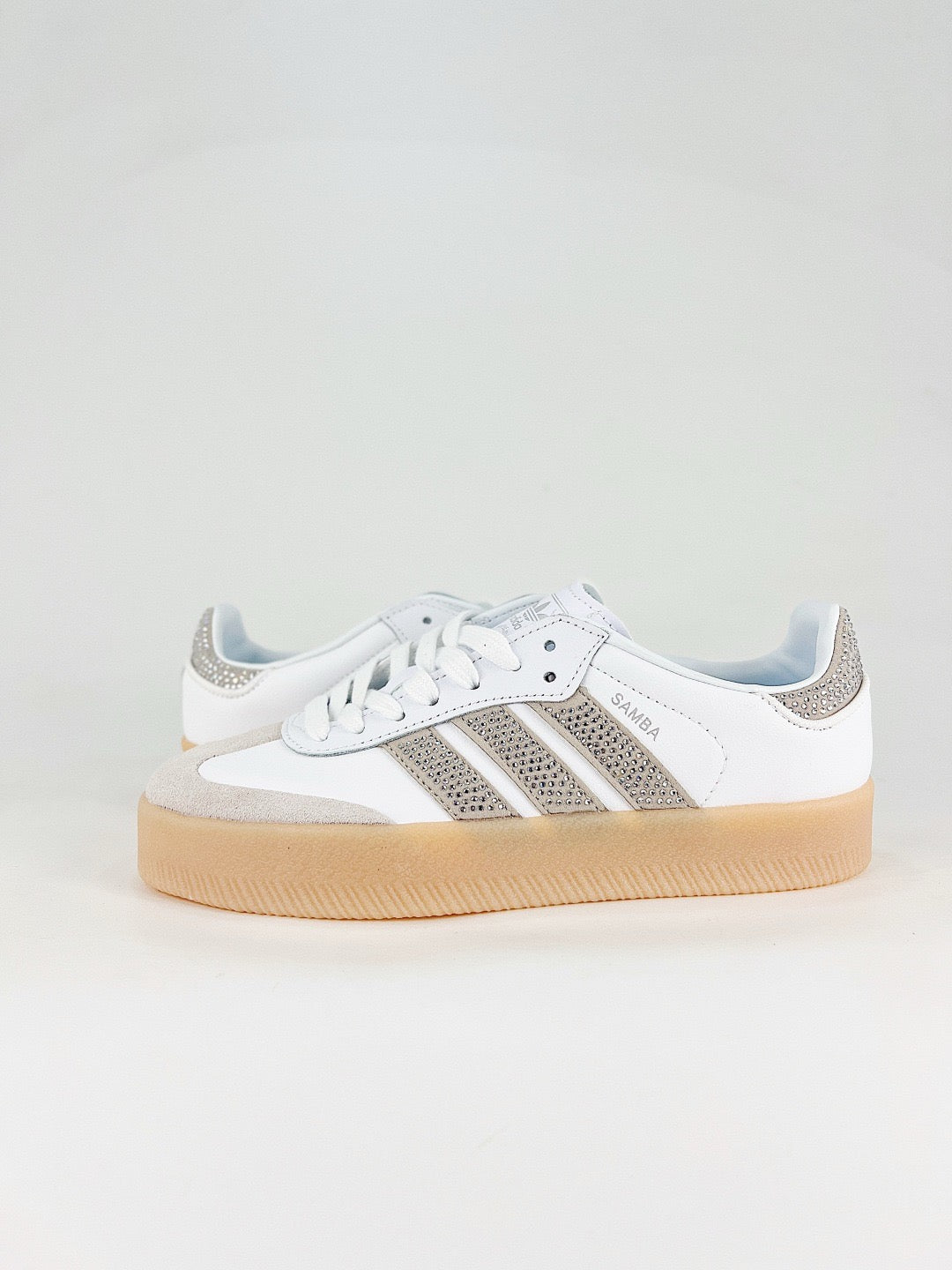 Adidas Samba Low Top Casual Sneakers Unisex White Leather, Light Grey Suede Toe, Rhinestone Stripes