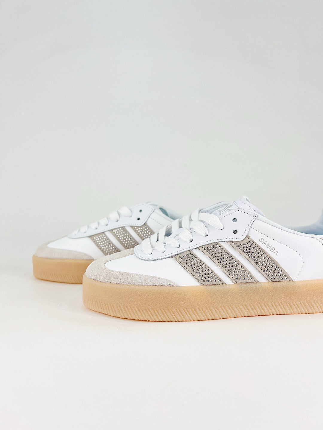 Adidas Samba Low Top Casual Sneakers Unisex White Leather, Light Grey Suede Toe, Rhinestone Stripes