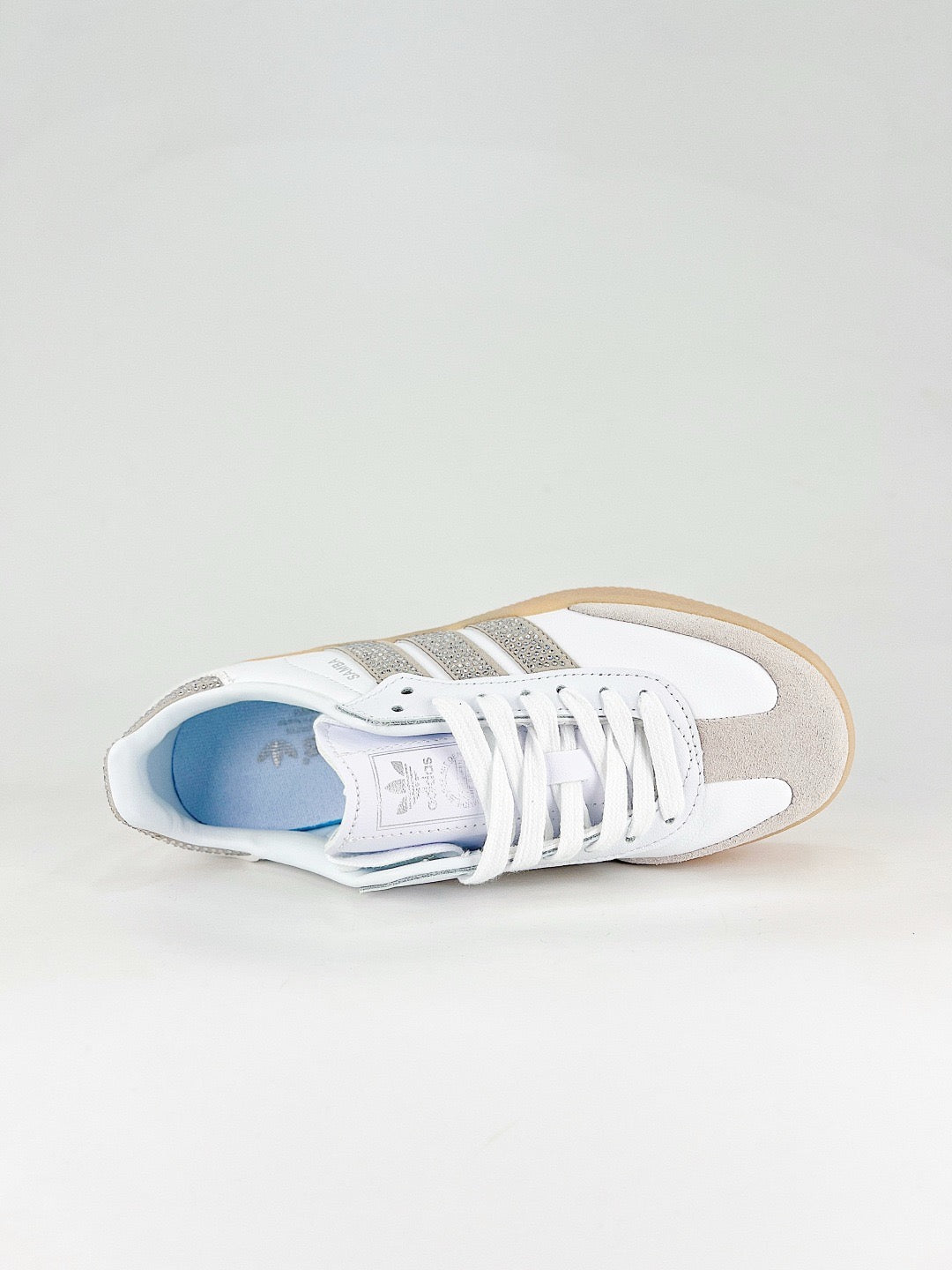 Adidas Samba Low Top Casual Sneakers Unisex White Leather, Light Grey Suede Toe, Rhinestone Stripes