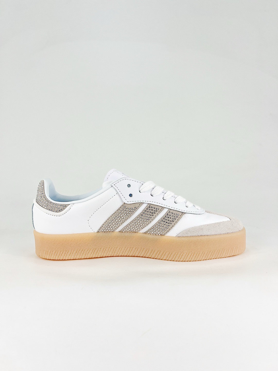 Adidas Samba Low Top Casual Sneakers Unisex White Leather, Light Grey Suede Toe, Rhinestone Stripes