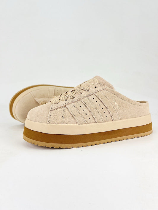 Adidas Campus Mule Platform Unisex Suede Slip On Mules Beige Thick Sole