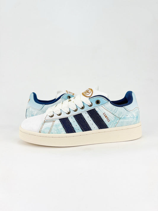 Adidas Campus 00s Unisex Sneakers Light Washed Denim Print Navy Stripes Cream Midsole