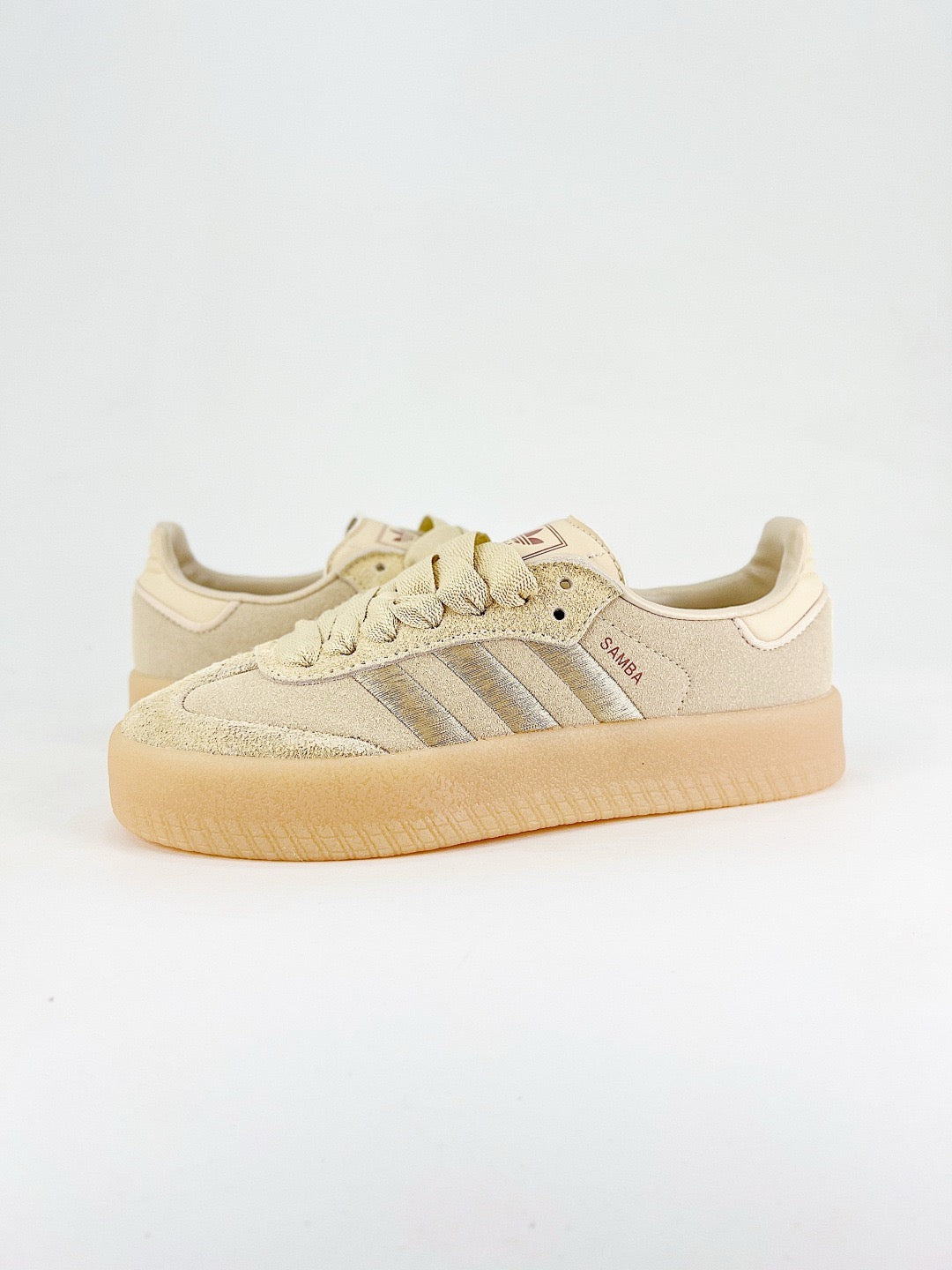 Adidas Samba Unisex Sneakers Beige Suede Metallic Silver Stripes Gum Sole