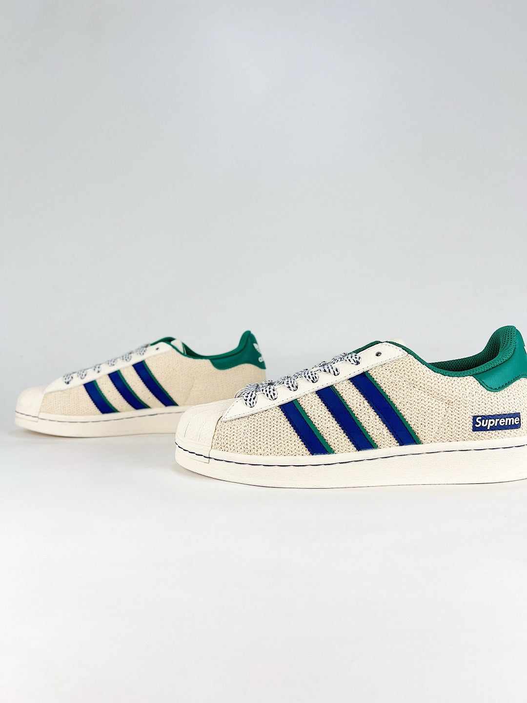 Adidas Superstar x Supreme Sneaker Beige Knit Blue Green Stripes Unisex