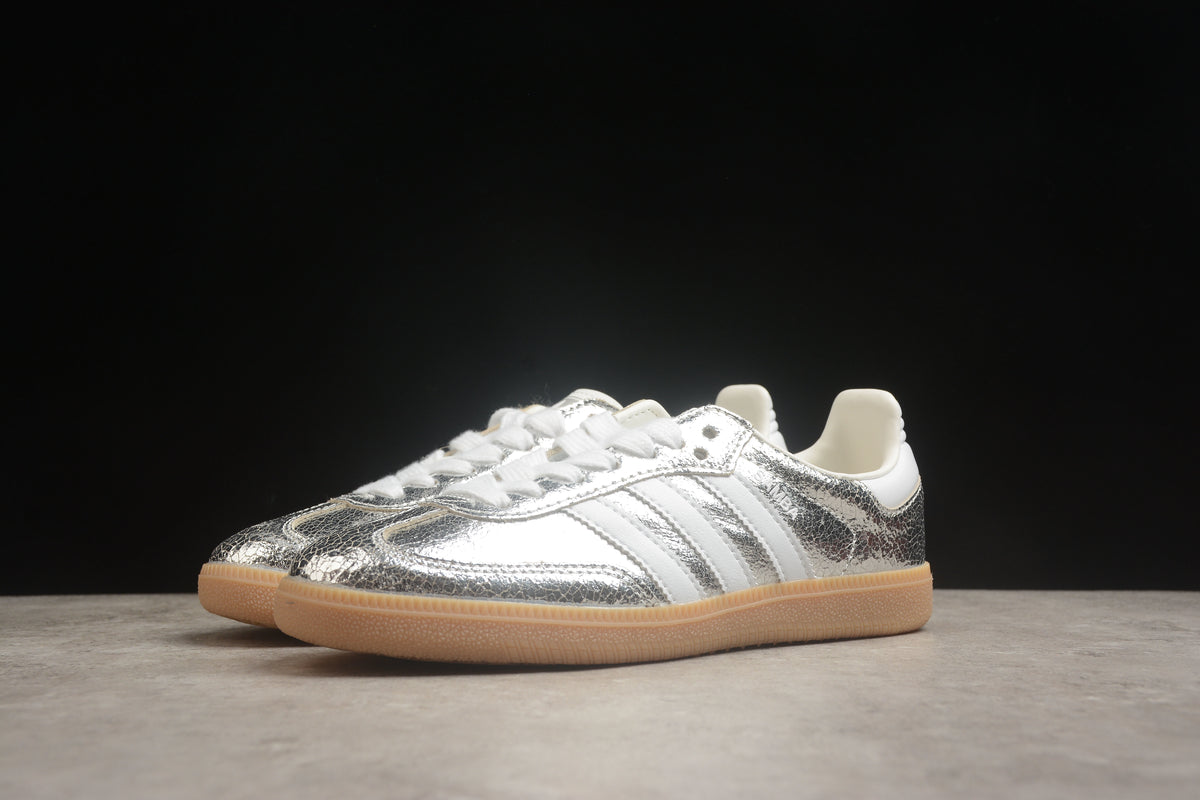adidas Samba OG Unisex Retro Sneakers Cracked Metallic Silver Upper