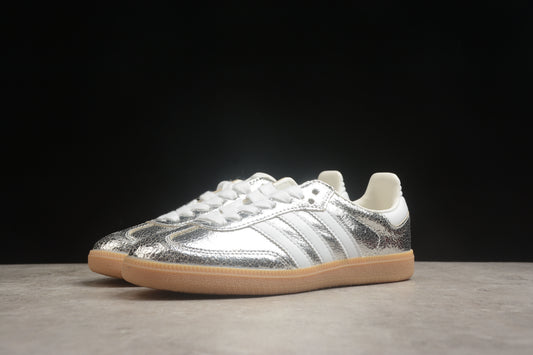 adidas Samba OG Unisex Retro Sneakers Cracked Metallic Silver Upper