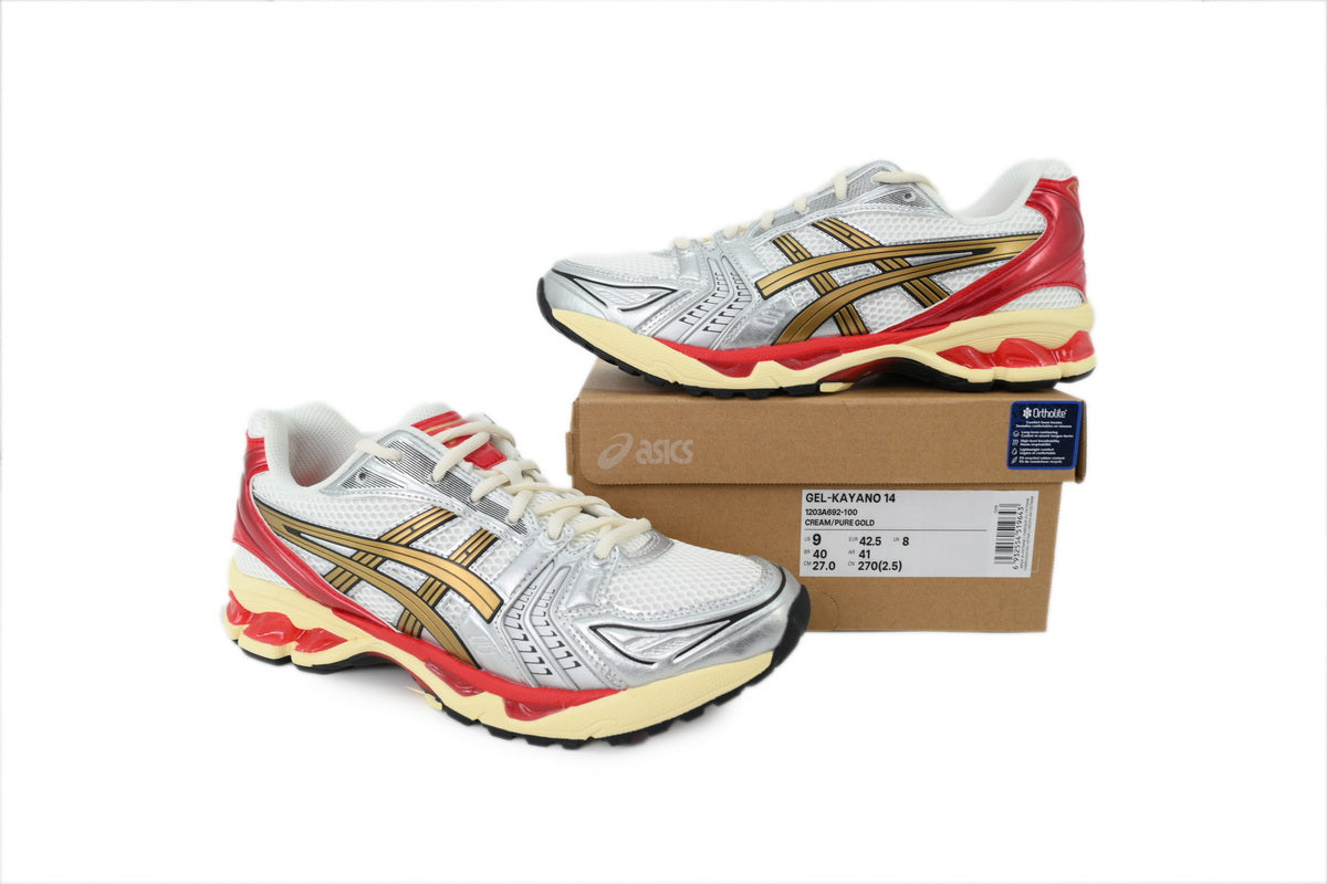 ASICS GEL-KAYANO 14 Unisex Retro Running Shoes Cream Pure Gold Red
